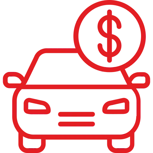 Red icon of a car with a dollar sign, representing certified inventory at  Velvish Auto.