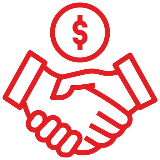 Red handshake icon with dollar sign representing a consultative sales approach at  Velvish Auto.