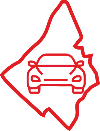 Red icon of a car inside a map outline symbolizing convenient location of  Velvish Auto.
