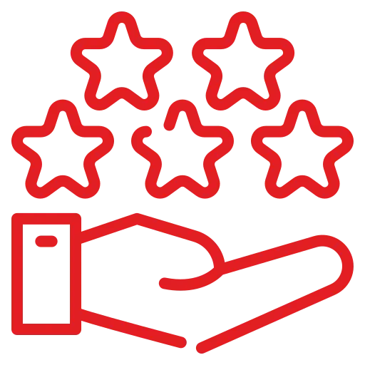 Red icon of a hand holding five stars representing great Google reviews for  Velvish Auto.