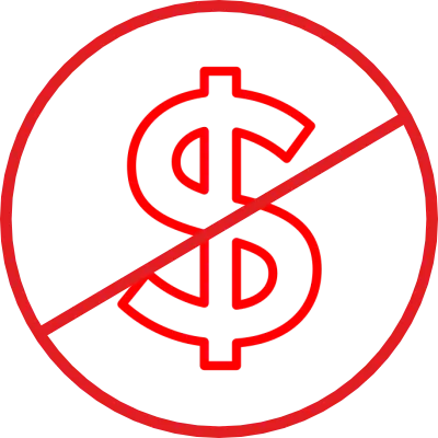 Red dollar sign with a slash icon symbolizing no hidden fees at  Velvish Auto.