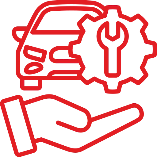 Red icon of a hand offering personalized car service with gear and wrench by  Velvish Auto.