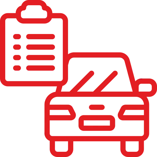 Red icon of a car with a clipboard representing transparent pricing by Front Line Auto Centre Surrey.
